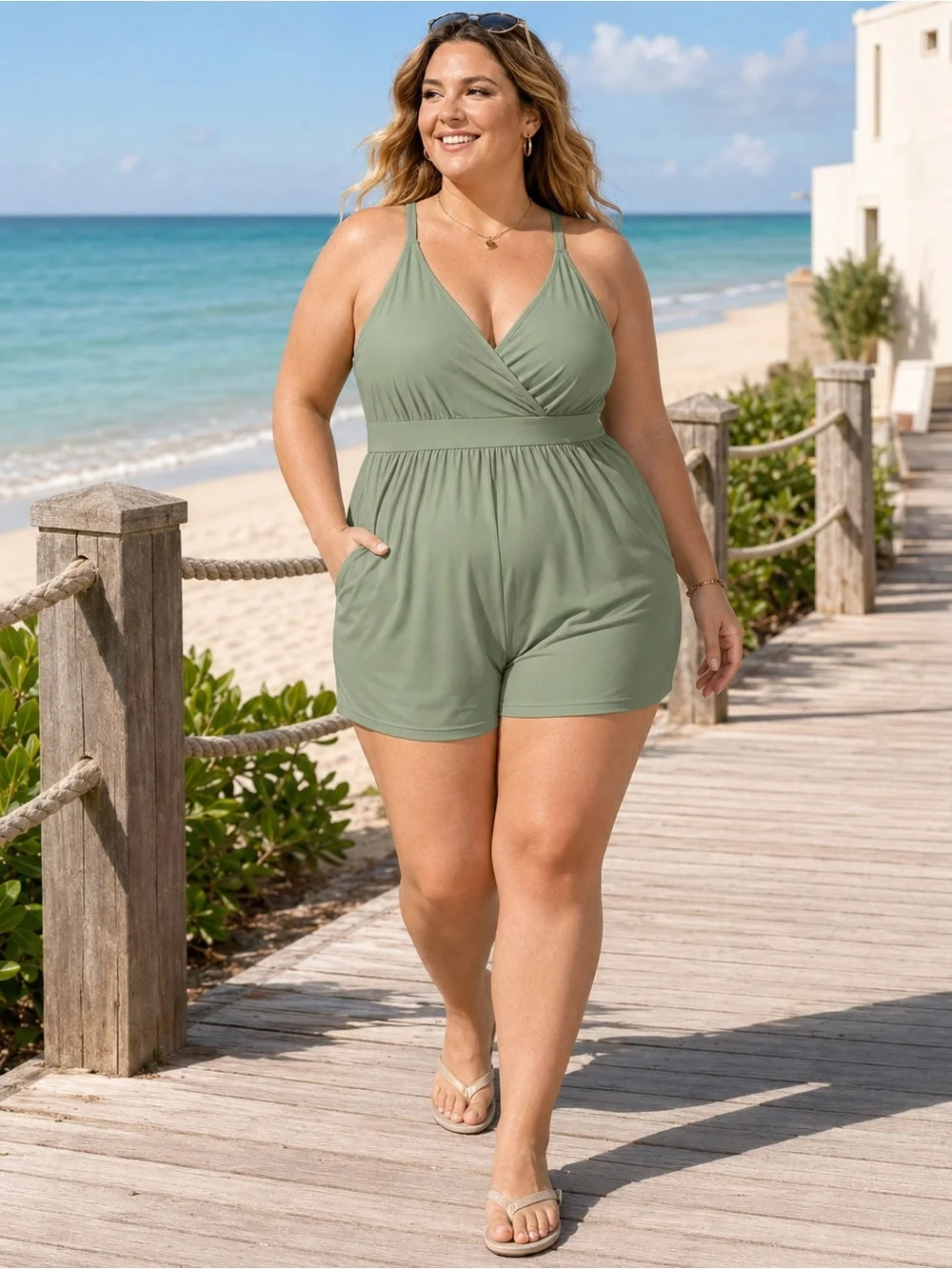BloomChic 22-24 Sage Green Swim Romper One Piece Shorts Swimsuit Pockets